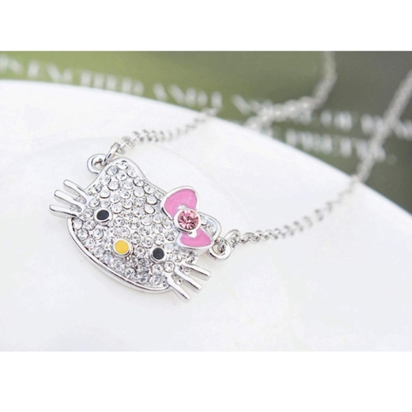 White Gold Plated Bow Tie Hello Kitty Pendant with Multi-Color CZ Necklace- Pink - Picture 2 of 6